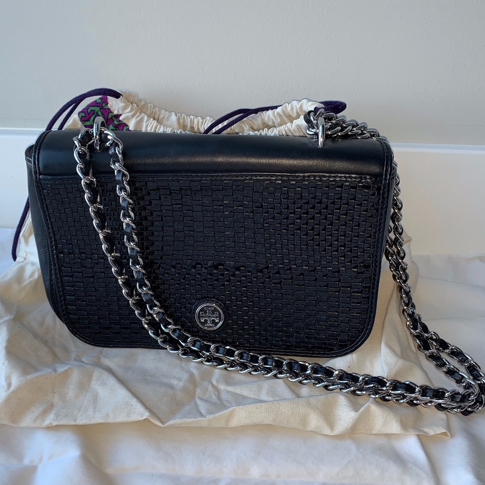 Tory Burch Woven Leather Crossbody Bag - Blk/Silvr